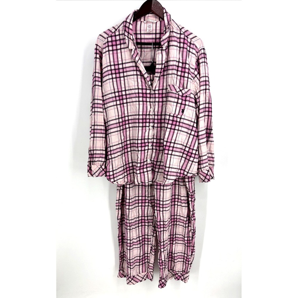 Victoria's Secret Pajama Set Flannel Women's Size XXL‎ Pink Gold Metallic Thread